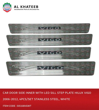 Al Khateeb Car Door Side Inner With LED Sill Step Plate Hilux Vigo 2006-2012, 4Pcs/Set Stainless Steel, White