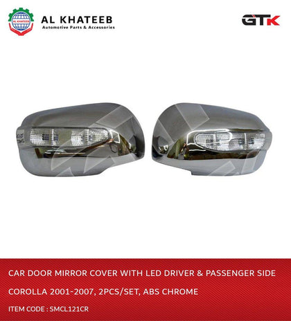 GTK Car Door Mirror Cover With LED Driver & Passenger Side Corolla 2001-2007, 2Pcs/Set, ABS Chrome