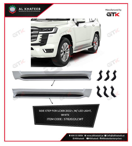 GTK Car Side Step Nerf Bar Running Board With LED Land Cruiser Lc300 2022 White