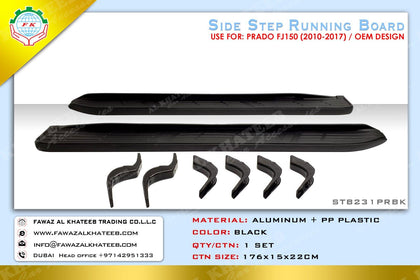 GTK Car Aluminum + Pp Plastic Running Boards Side Step Bar With Brackets Prado FJ150 2010-2017,OEM Design, Black
