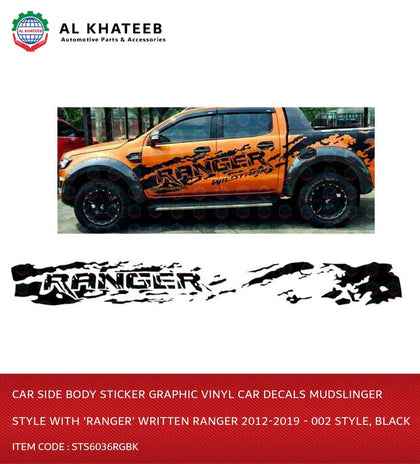 Car Side Body Sticker Graphic Vinyl Car Decals Mudslinger Style With 'Ranger' Written Ranger 2012-2019 - 002 Style, Black