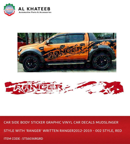 Al Khateeb Car Side Body Sticker Graphic Vinyl Car Decals Mudslinger Style With 'Ranger' Written Ranger2012-2019 - 002 Style, Red