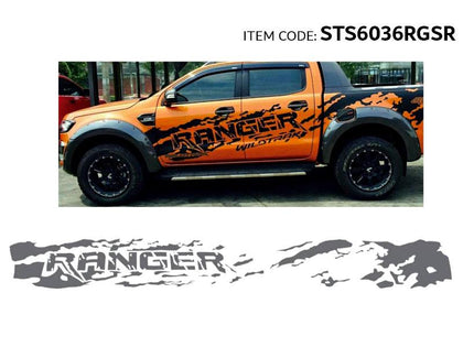 Al Khateeb Car Side Body Sticker Graphic Vinyl Car Decals Mudslinger Style With 'Ranger' Written Ranger 2012-2019 - 002 Style, Silver
