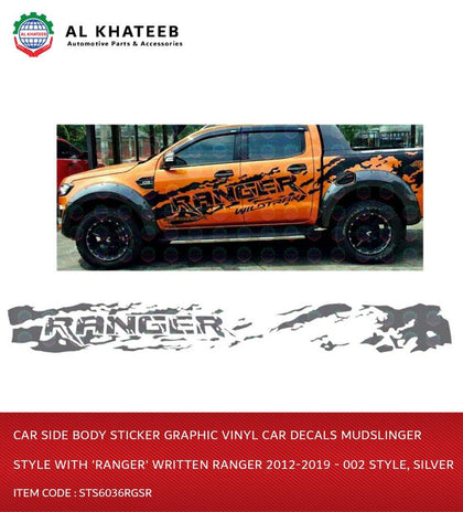 Al Khateeb Car Side Body Sticker Graphic Vinyl Car Decals Mudslinger Style With 'Ranger' Written Ranger 2012-2019 - 002 Style, Silver