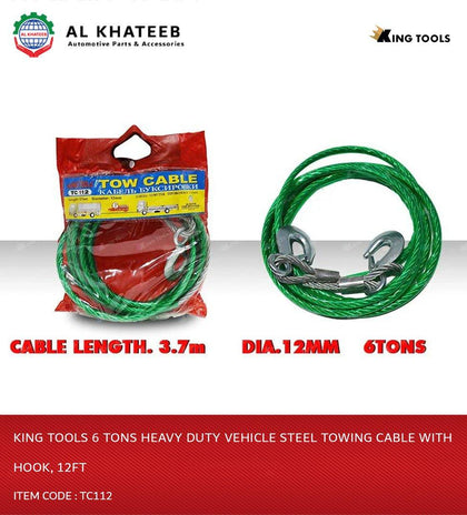 King Tools 6 Tons Heavy Duty Vehicle Steel Towing Cable With Hook, 12Ft