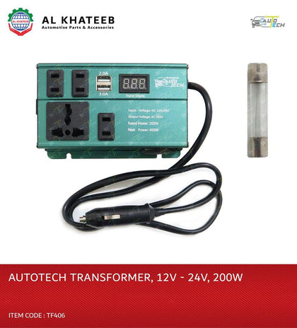 AutoTech 200W Power Inverter Dc 12V/24V To Ac 220V Car Voltage Converter Transformer With 3-Pin Sockets & 2-Usb Ports