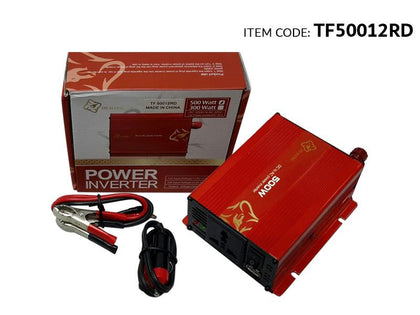 AutoTech 500W Power Inverter Dc 12V To Ac 220V Converter With Alligator Battery Clamp, Red With Usb/Fuse