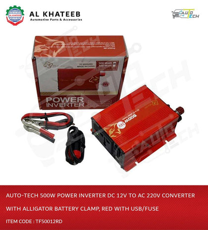 Auto-Tech 500W Power Inverter Dc 12V To Ac 220V Converter With Alligator Battery Clamp, Red With Usb/Fuse