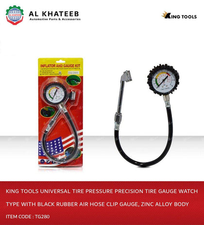 Universal Tire Pressure Precision Tire Gauge Watch Type With Black Rubber Air Hose Clip Gauge, Zinc Alloy Body