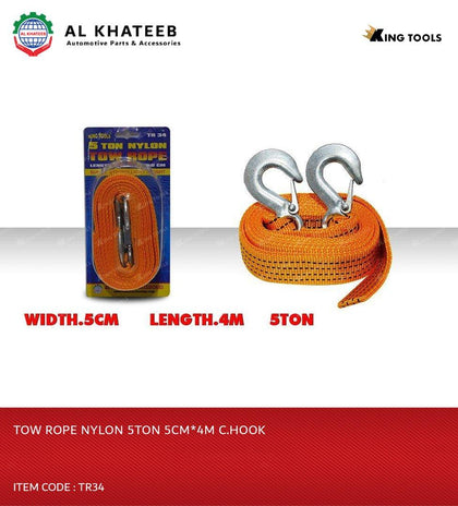 Al Khateeb King Tools 5 Tons High Strength Nylon Polypropylene Car Trailer Towing Rope With C-Hook 5CM*4M, Yellow