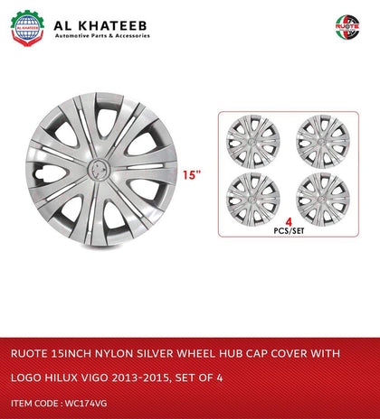 Ruote 15Inch Nylon Silver Wheel Hub Cap Cover With Logo Hilux Vigo 2013-2015, Set Of 4