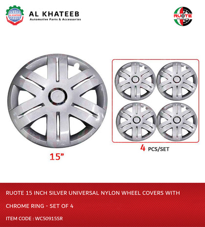 15 Inch Silver Universal Nylon Wheel Covers With Chrome Ring - Set Of 4