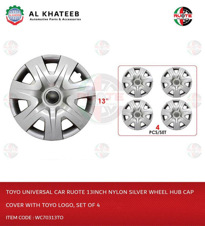Universal Car 13Inch Nylon Silver Wheel Hub Cap Cover With Logo, Set Of 4 Wc70313