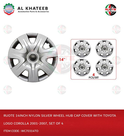 Ruote 14Inch Nylon Silver Wheel Hub Cap Cover With Logo Corolla 2001-2007, Set Of 4 Wc70314