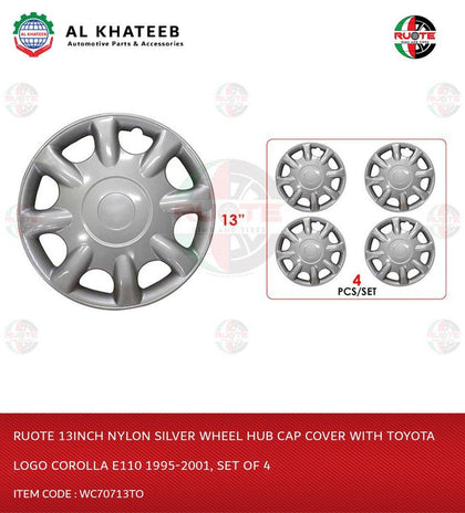13Inch Nylon Silver Wheel Hub Cap Cover With Logo Corolla E110 1995-2001, Set Of 4