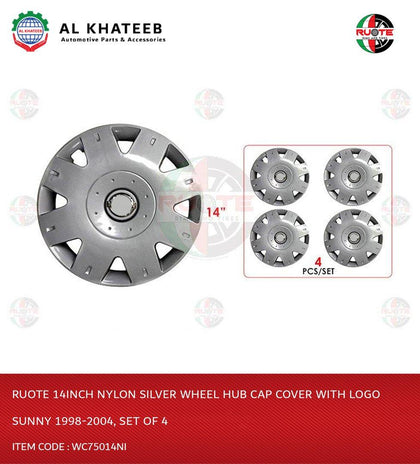 Wheel Hub Cap Cover With Logo Sunny 14Inch Nylon Silver 1998-2004, Set Of 4