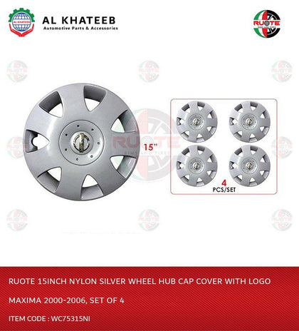 15Inch Nylon Silver Wheel Hub Cap Cover With Logo Maxima 2000-2006, Set Of 4