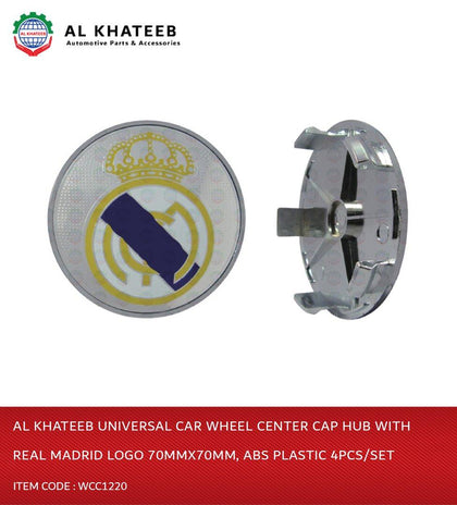 Universal Car Wheel Center Cap Hub With Real Madrid Logo 70Mmx70Mm, ABS Plastic 4Pcs/Set