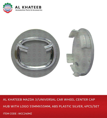 Al Khateeb Mazda 3/Universal Car Wheel Center Cap Hub With Logo 55Mmx55Mm, Abs Plastic Silver, 4Pcs/Set