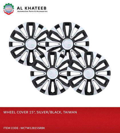 Al Khateeb 15 Inch Black & Silver Universal Hubcap Wheel Covers - Set Of 4, Taiwan Made