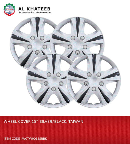 Al Khateeb 15 Inch Dual Color Black & Silver Universal Hubcap Wheel Covers - Set Of 4